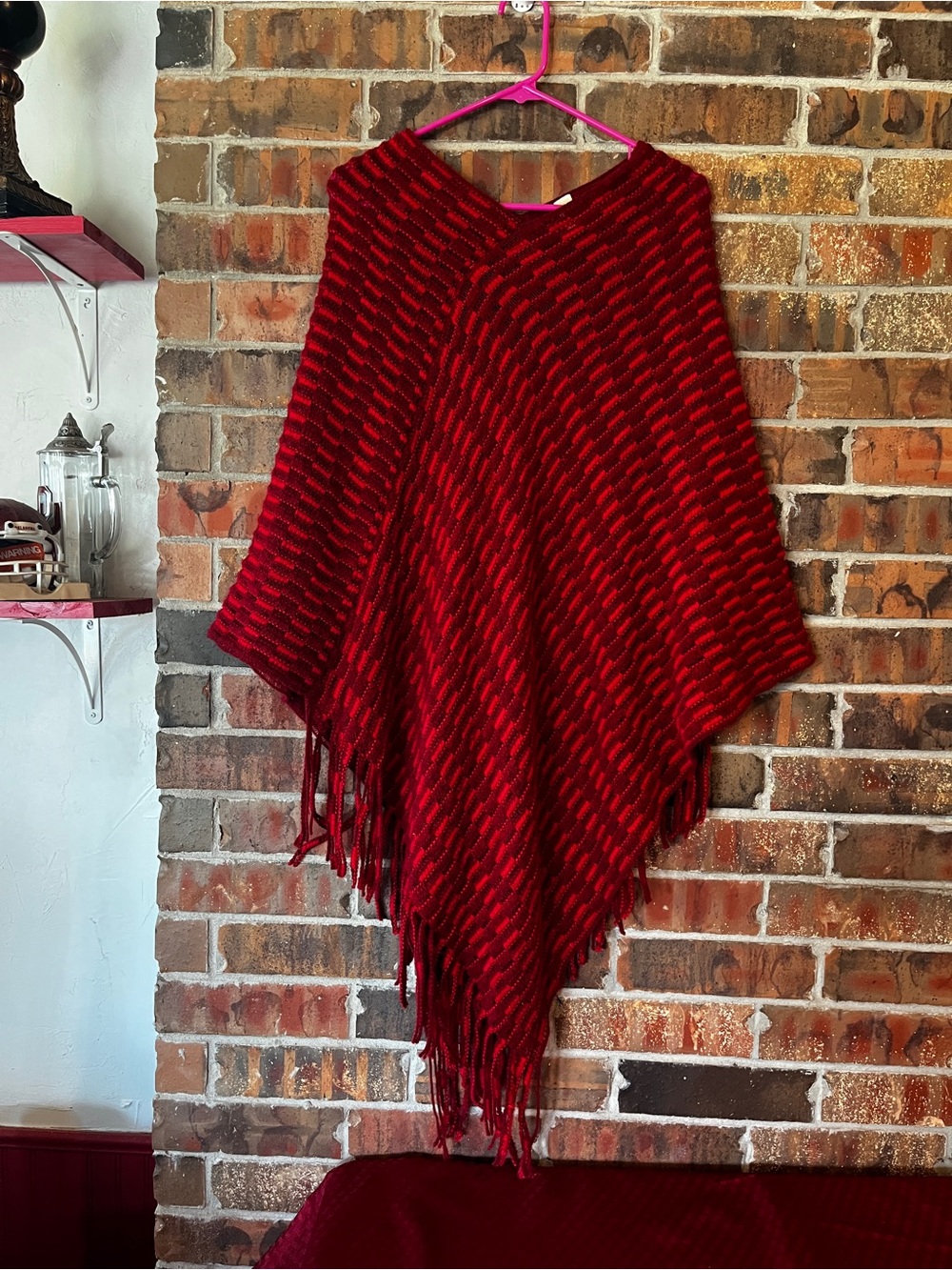 WinWin brand pullover knit fringe red poncho shawl